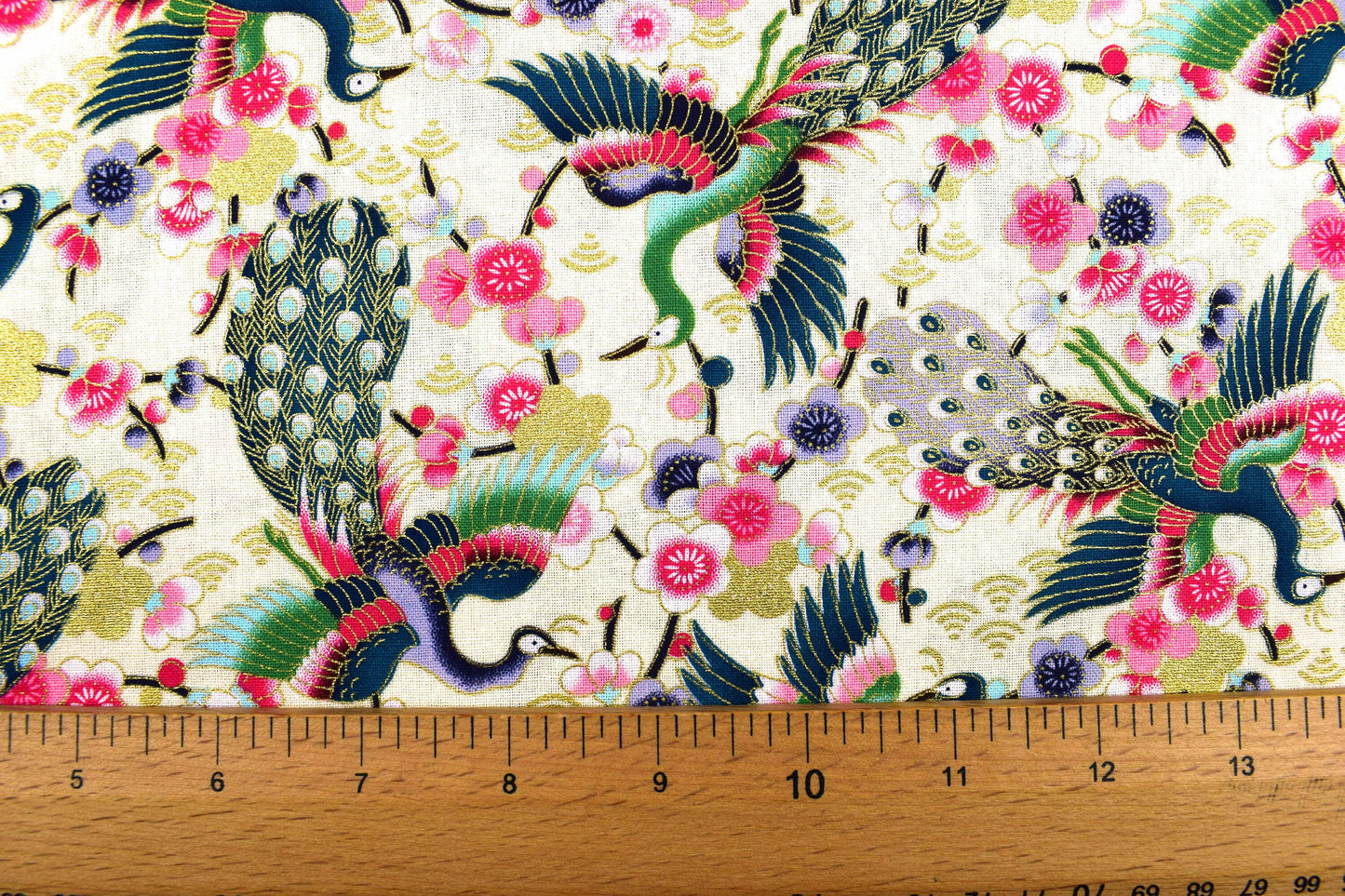 Japanese Flying Peacock Metallic cotton, quilting fabric - Price by the Half Metre The Quilt Sanctuary