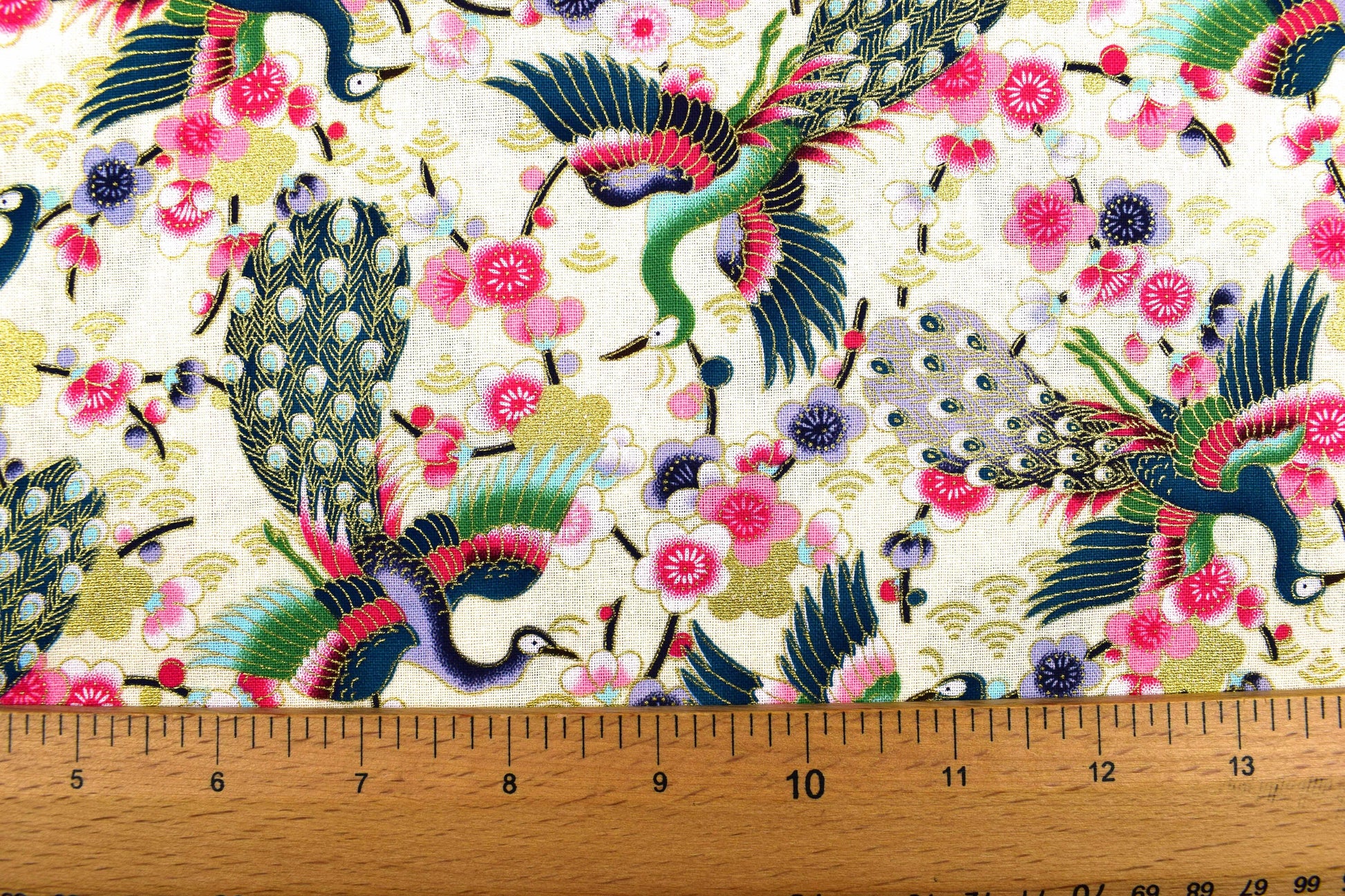 Japanese Flying Peacock Metallic cotton, quilting fabric - Price by the Half Metre The Quilt Sanctuary