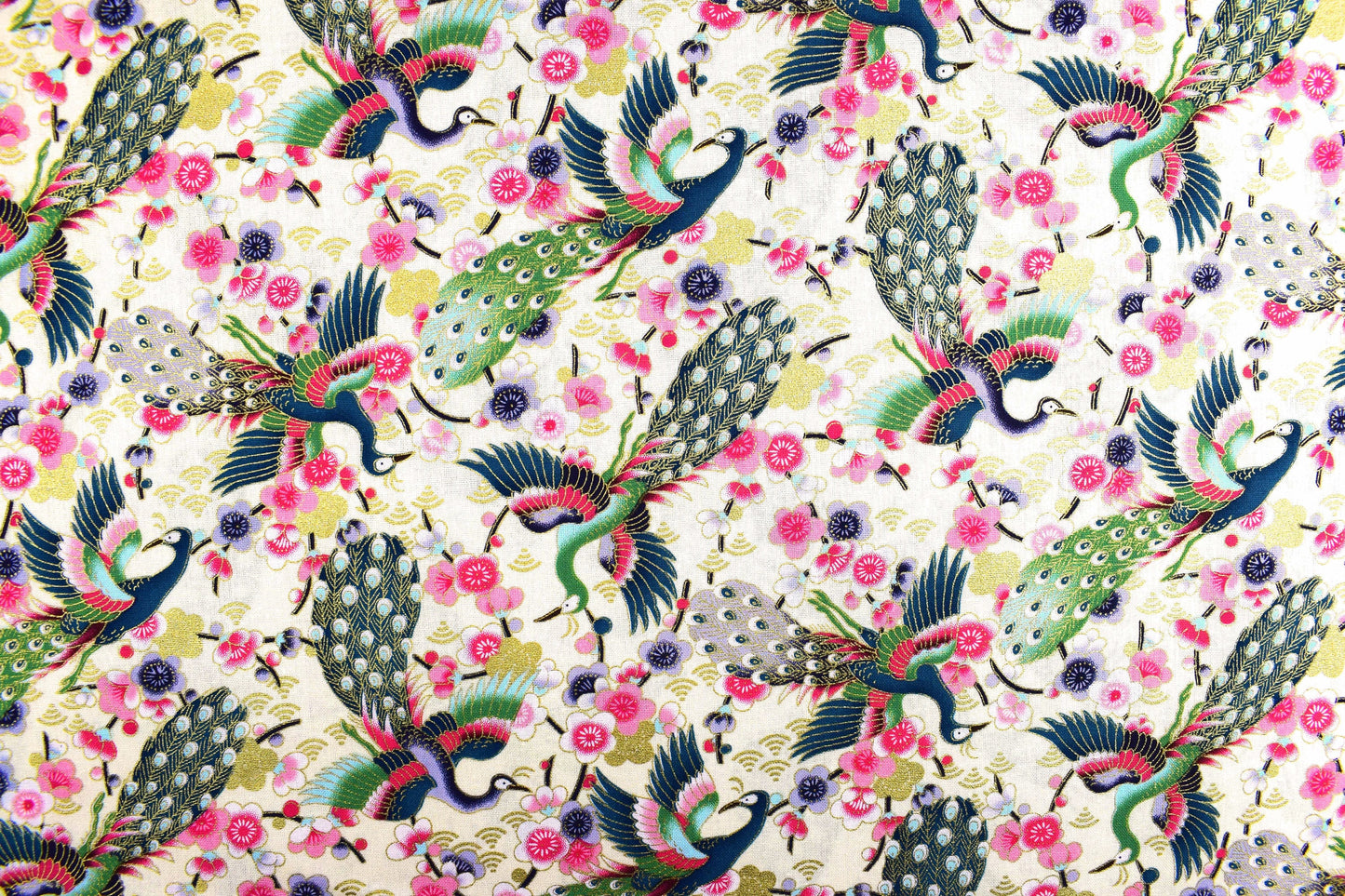 Japanese Flying Peacock Metallic cotton, quilting fabric - Price by the Half Metre The Quilt Sanctuary