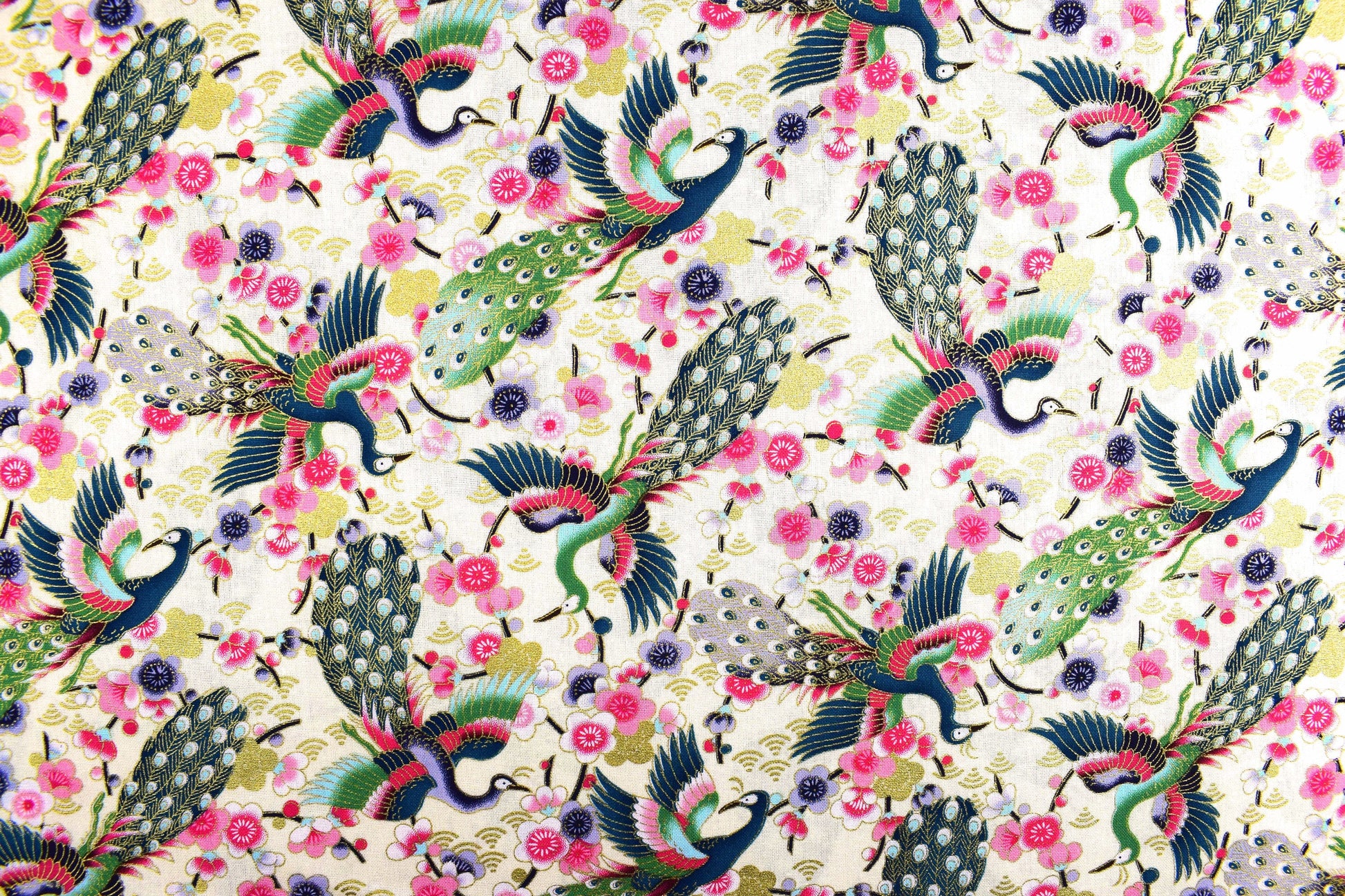Japanese Flying Peacock Metallic cotton, quilting fabric - Price by the Half Metre The Quilt Sanctuary
