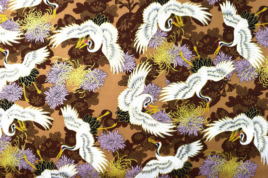Brown Japanese Cranes & Chrysanthemums Metallic fabric, 100% Cotton, 58" (147cm) Wide quilting fabric - Price by the Half Metre The Quilt Sanctuary