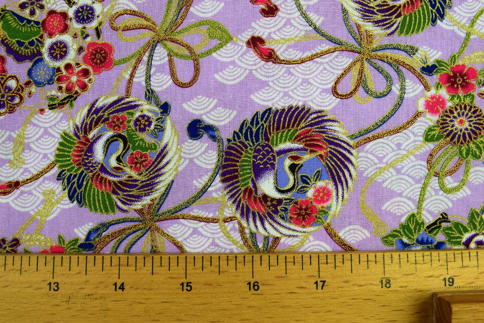 Japanese Floral Crane Orbs, Metallic quilting fabric, 100% Cotton, 58" (147cm) Wide - Price by the Half Metre The Quilt Sanctuary