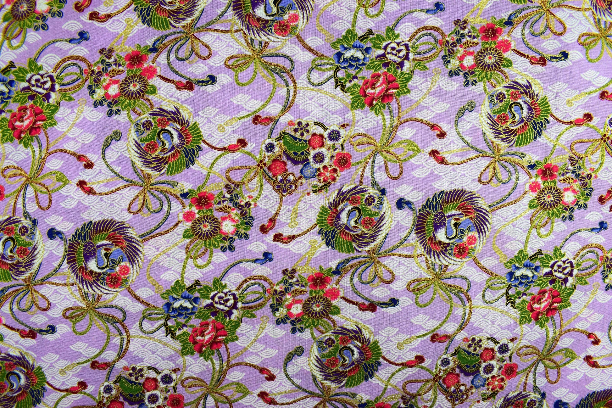 Japanese Floral Crane Orbs, Metallic quilting fabric, 100% Cotton, 58" (147cm) Wide - Price by the Half Metre The Quilt Sanctuary