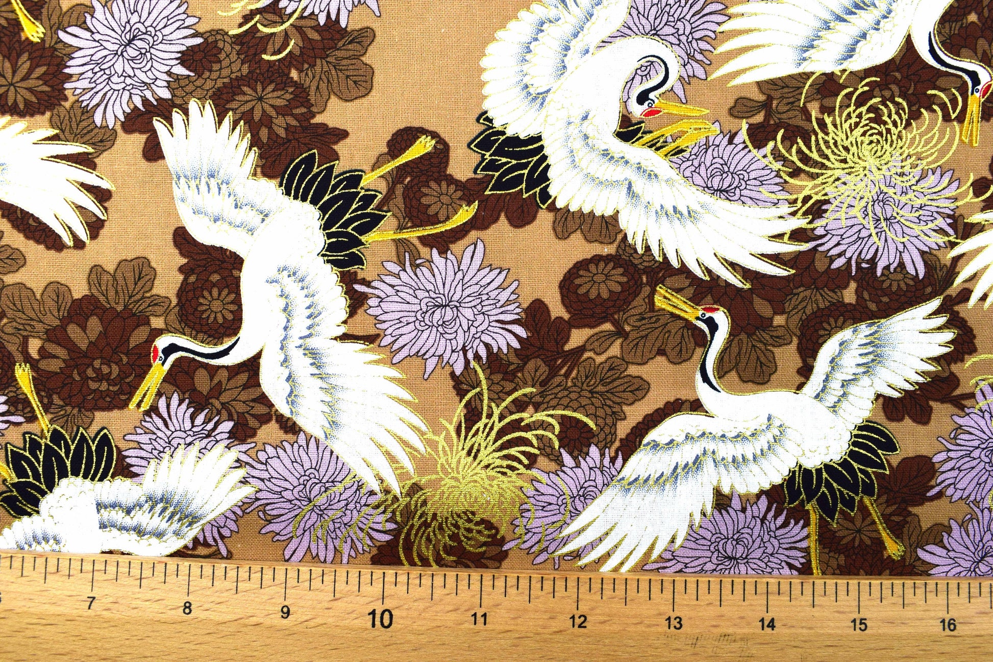 Brown Japanese Cranes & Chrysanthemums Metallic fabric, 100% Cotton, 58" (147cm) Wide quilting fabric - Price by the Half Metre The Quilt Sanctuary
