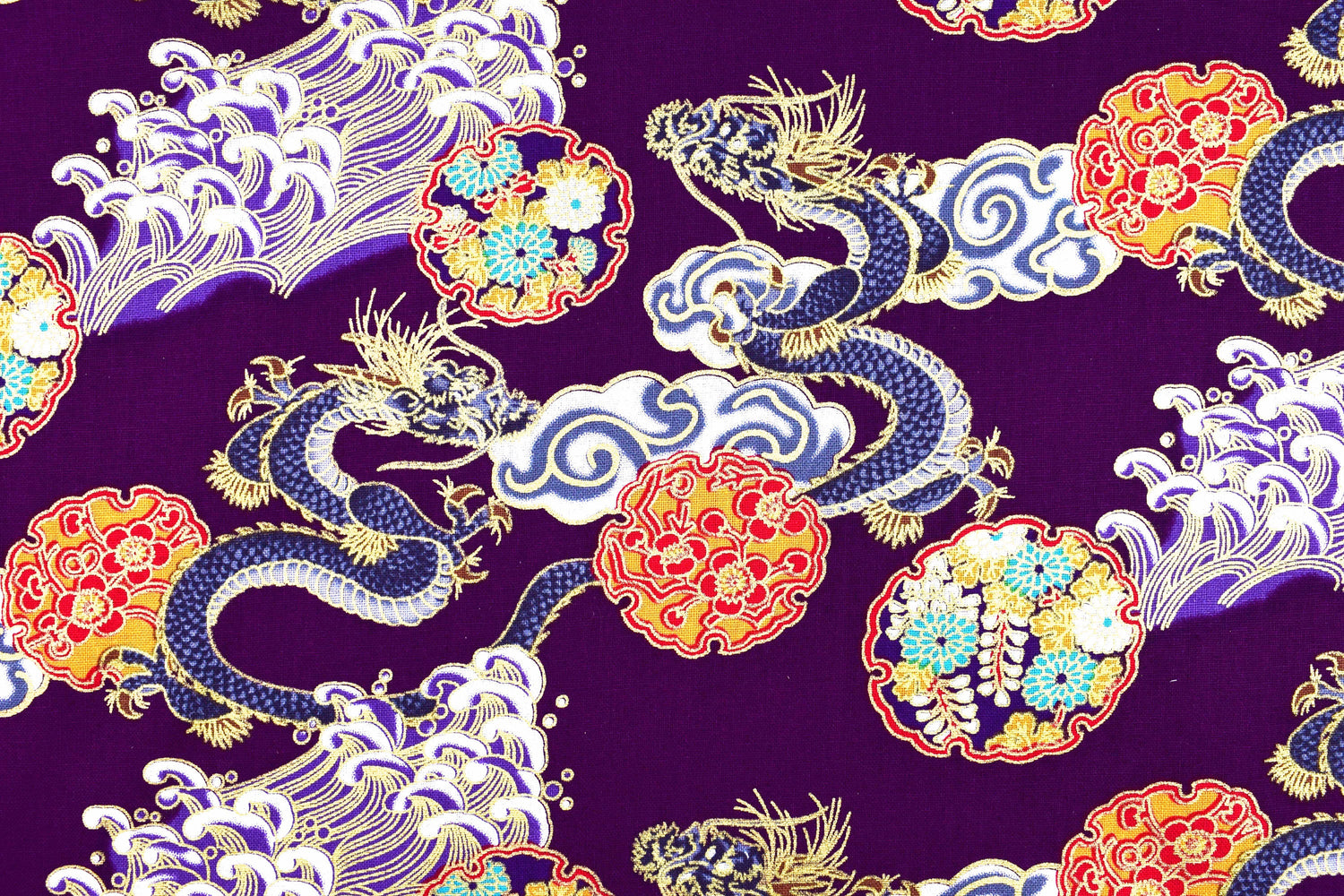Japanese Dragons, Waves & Orbs Metallic Quilting fabric 100% Cotton, 58" (147cm) Wide - Price by the Half Metre The Quilt Sanctuary
