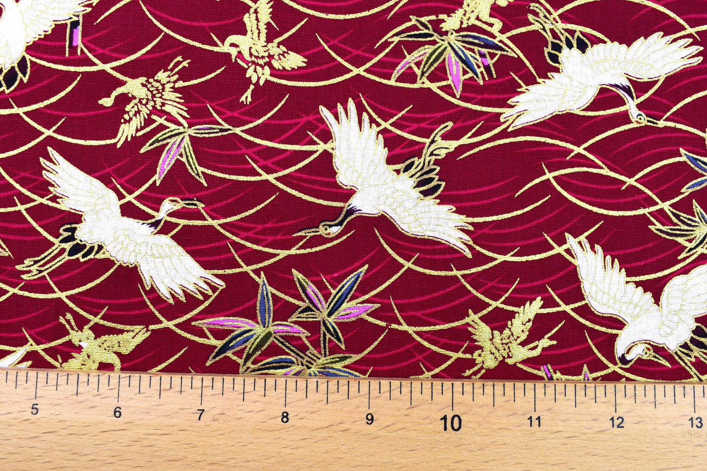 Red Japanese Cranes, Metallic, 100% Cotton, 58" (147cm) Wide quilting fabric - Price by the Half Metre The Quilt Sanctuary