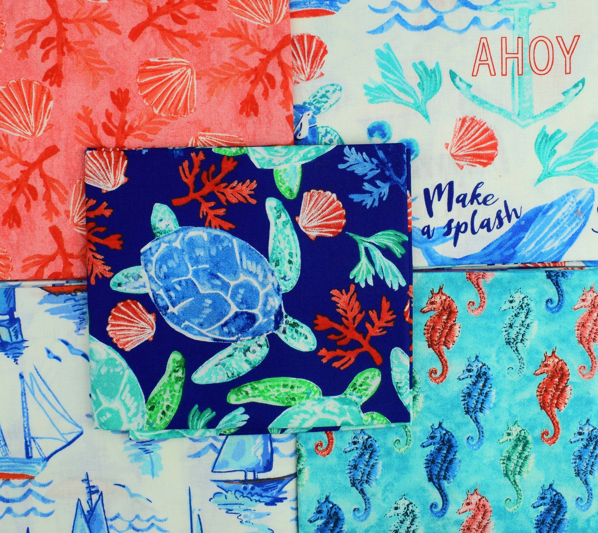 Nautical fat Quarter Bundle, seahorse fabric, quilting fabric, turtle fabric, undersea The Quilt Sanctuary