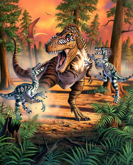 Dinosaur fabric panel, Quilting panel, digital panel, battling dinosaurs, T-rex The Quilt Sanctuary