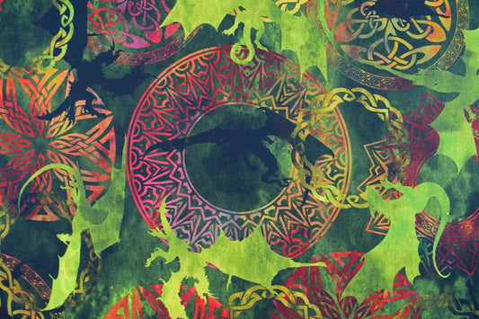 Green Celtic Dragon fabric , Quilting fabric, The ancients - Price by the Half Metre The Quilt Sanctuary