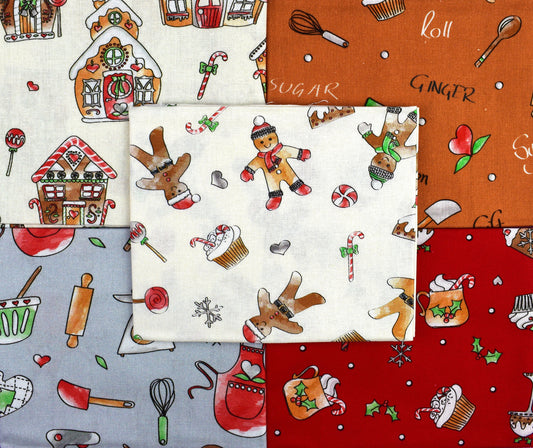 Gingerbread man fat Quarter Bundle, cotton quilting fabric, Christmas fabric, Debbie Shore The Quilt Sanctuary