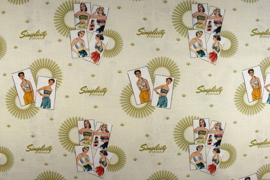 Postcard Fabric, Simplicity vintage fabrics, At the beach 1950's fashion, quilting fabric - Price by the Half Metre The Quilt Sanctuary