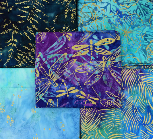 Tonga Batiks Fat Quarter Bundle - 5 Fat Quarters, 100% Cotton, Metallic fabric The Quilt Sanctuary