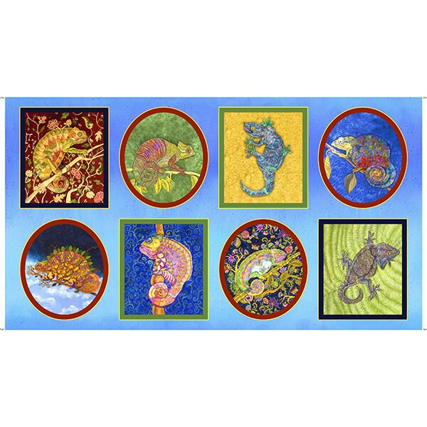 Chameleon picture patch, Quilting panel, colourful chameleons, fabric panel The Quilt Sanctuary
