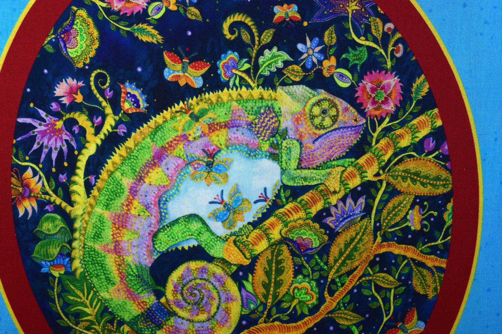 Chameleon picture patch, Quilting panel, colourful chameleons, fabric panel The Quilt Sanctuary
