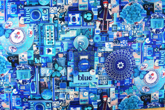 color collage quilting fabric, blue collage board, cotton fabric Price by the Half Metre The Quilt Sanctuary