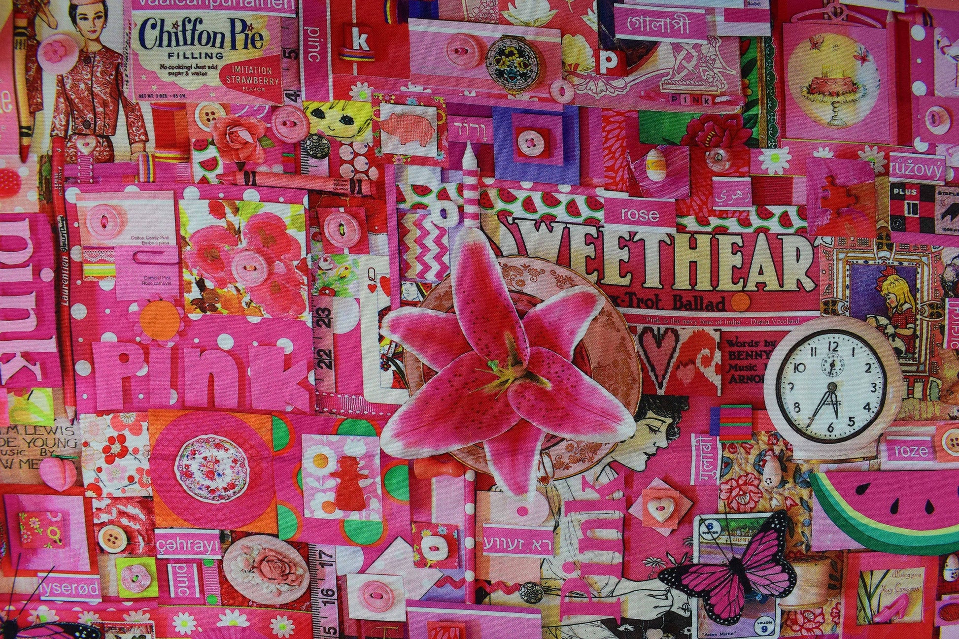 Pink color collage quilting fabric, Pink collage board, cotton fabric Price by the Half Metre The Quilt Sanctuary