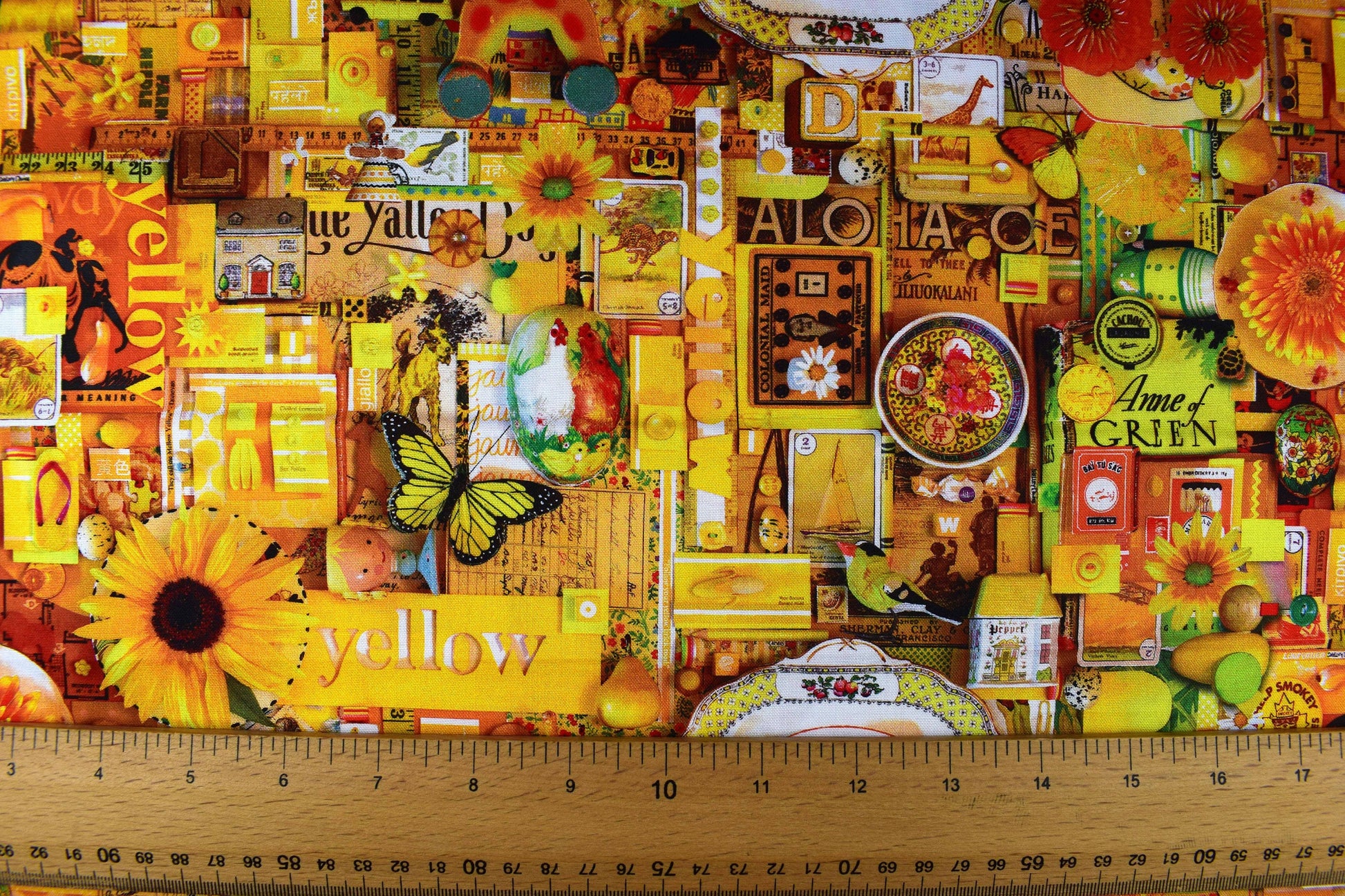 yellow color collage quilting fabric, yellow scrap book fabric, cotton fabric - Price by the Half Metre The Quilt Sanctuary