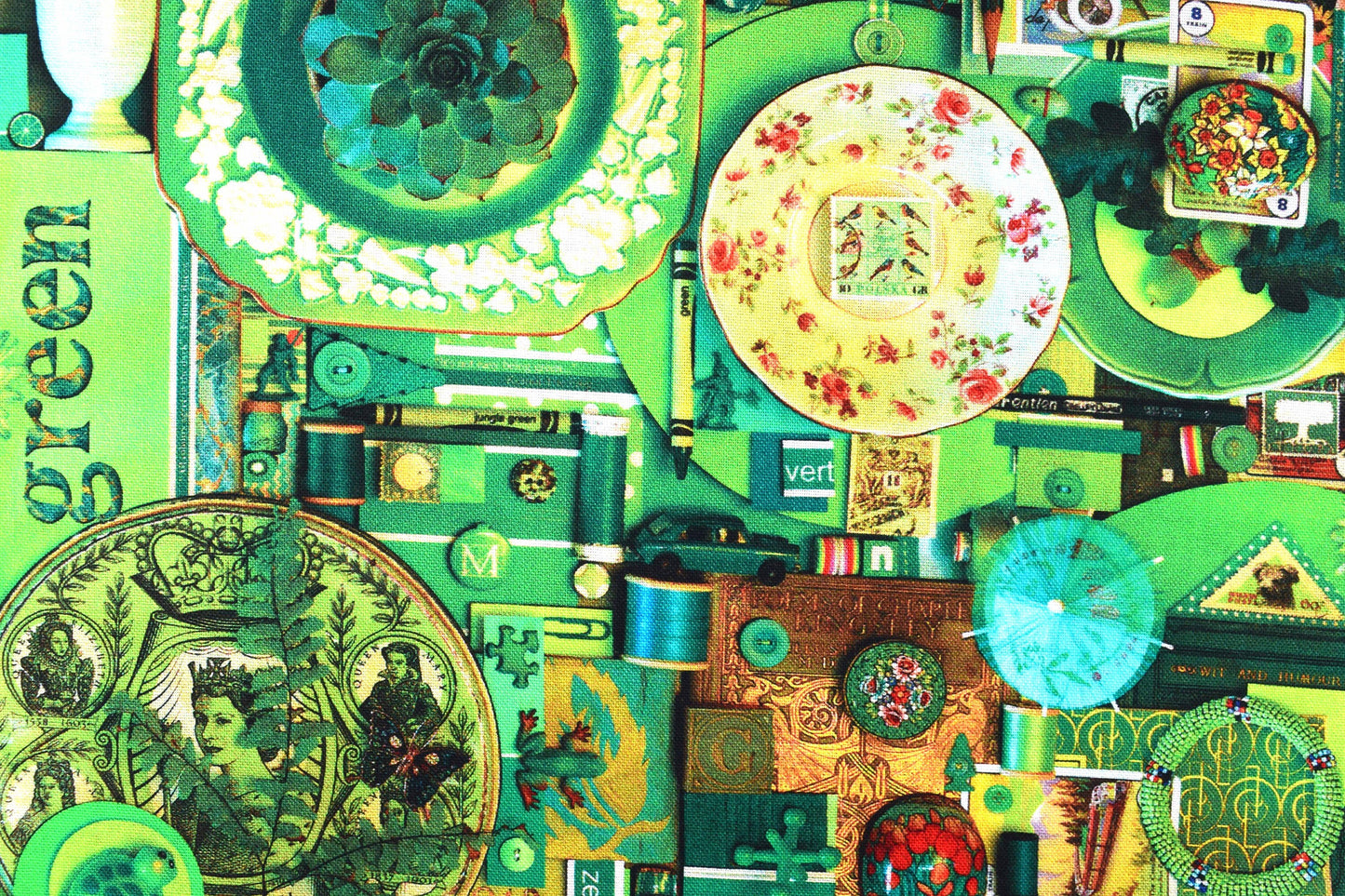 Green color collage quilting fabric, green scrap book print, cotton fabric - Price by the Half Metre The Quilt Sanctuary