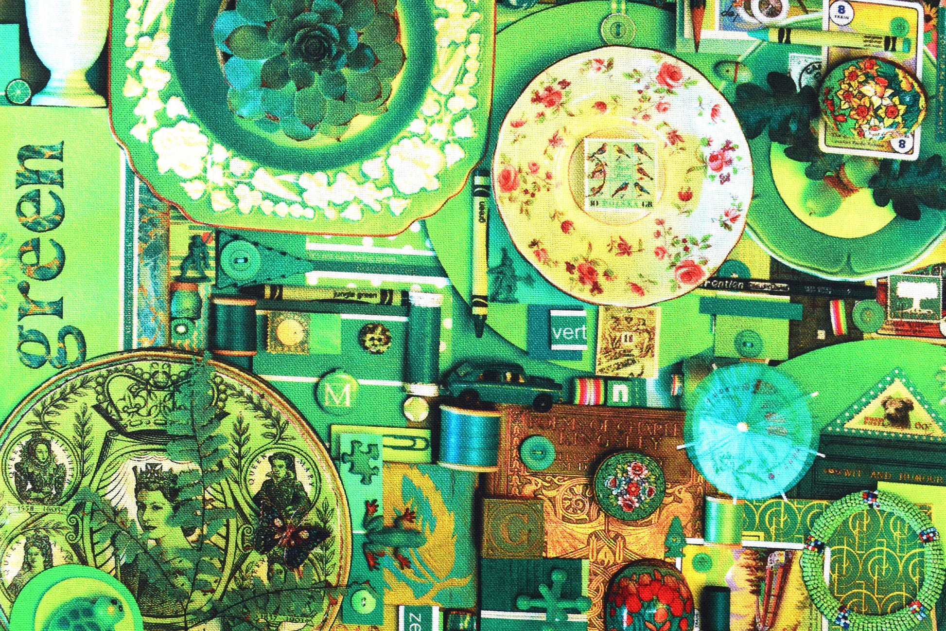 Green color collage quilting fabric, green scrap book print, cotton fabric - Price by the Half Metre The Quilt Sanctuary