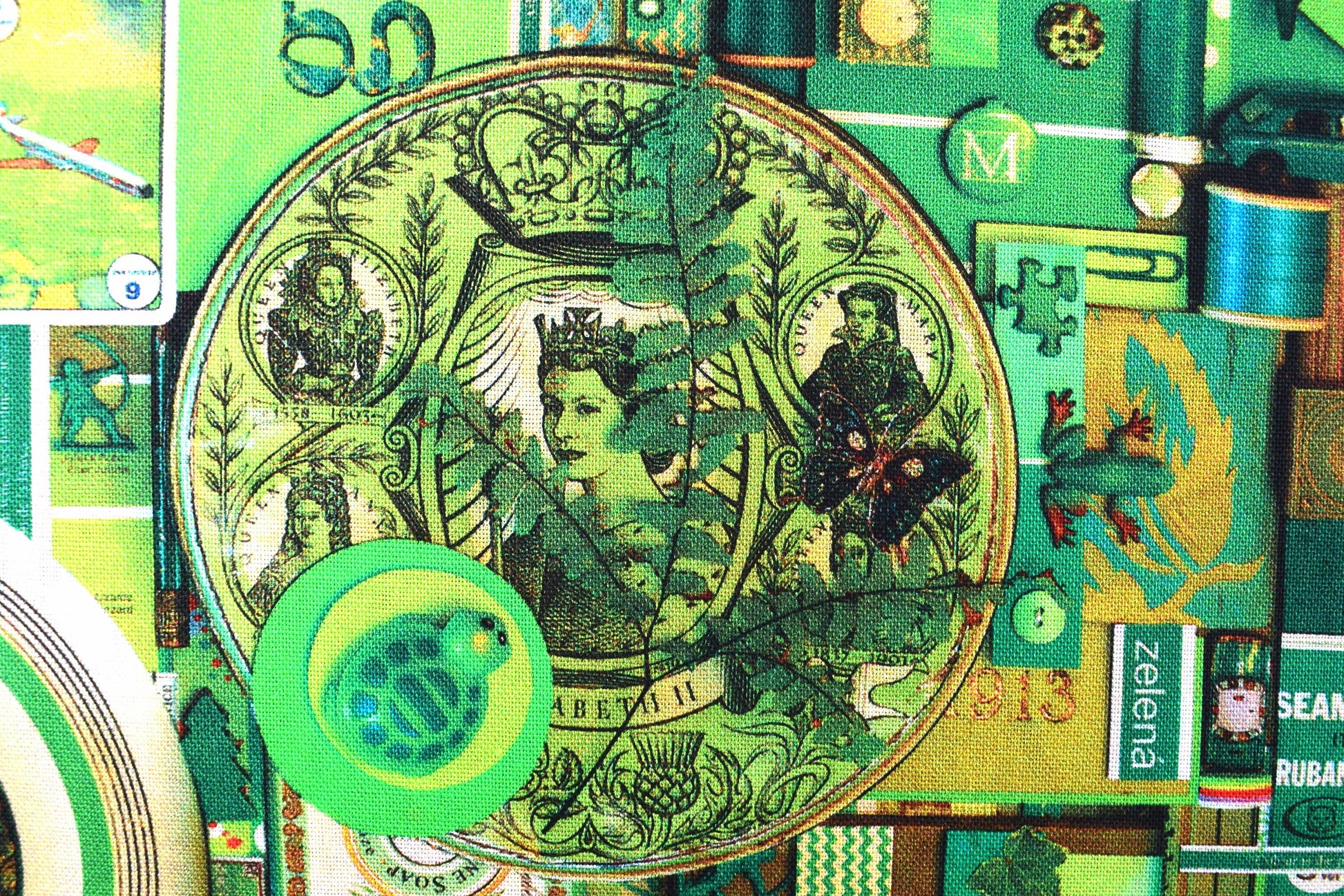 Green color collage quilting fabric, green scrap book print, cotton fabric - Price by the Half Metre The Quilt Sanctuary