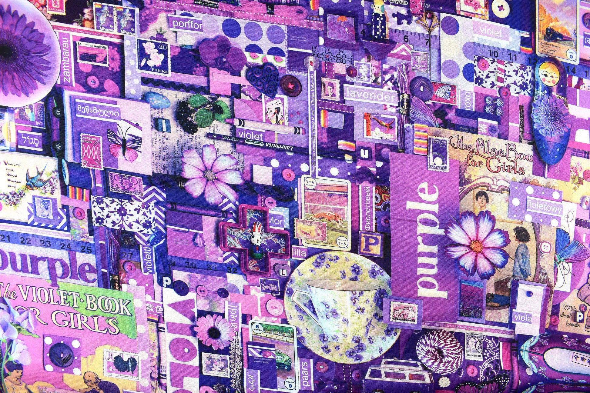 Purple color collage quilting fabric, purple scrap book fabric, violet fabric, cotton fabric Price by the Half Metre The Quilt Sanctuary