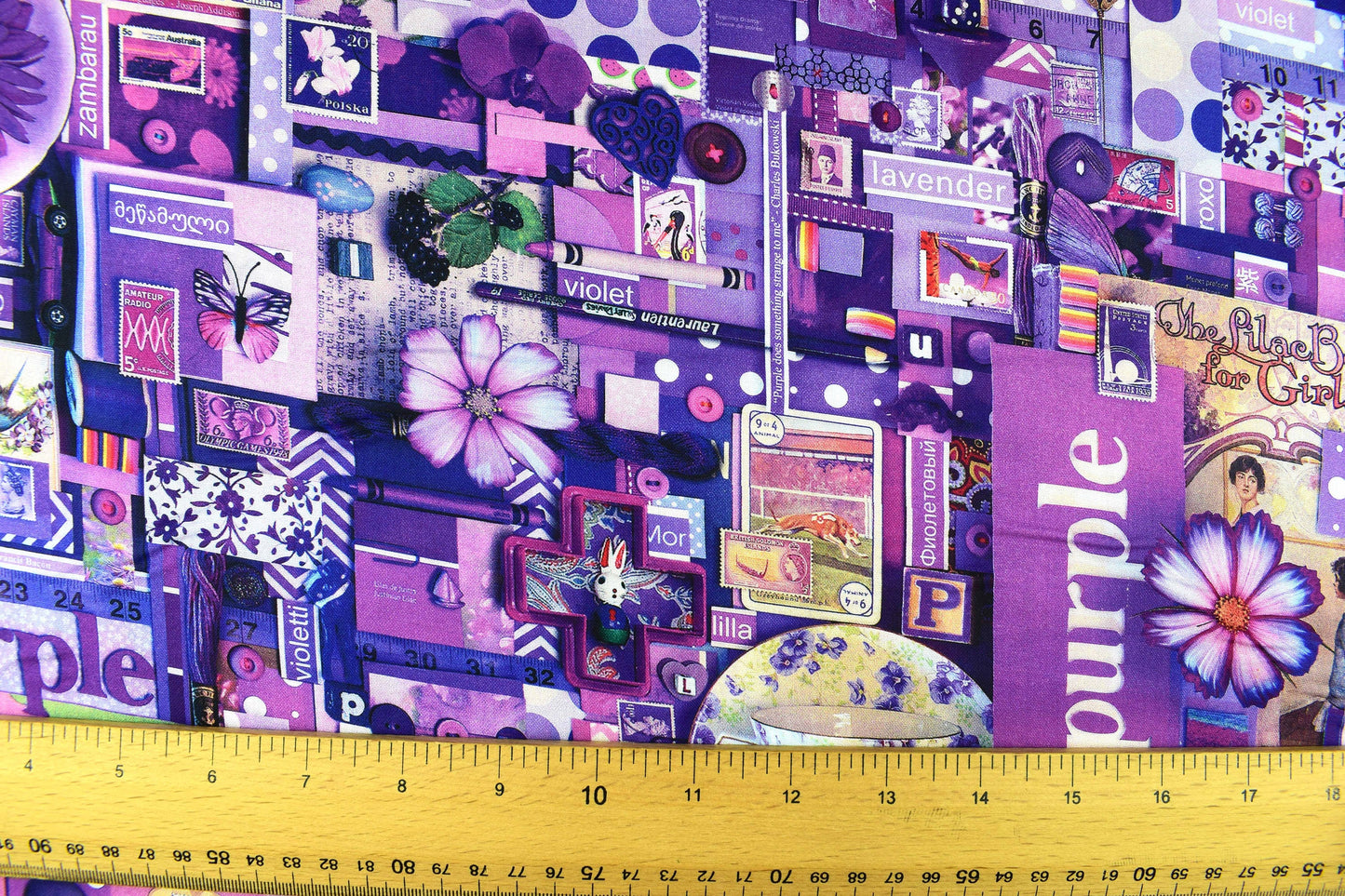 Purple color collage quilting fabric, purple scrap book fabric, violet fabric, cotton fabric Price by the Half Metre The Quilt Sanctuary