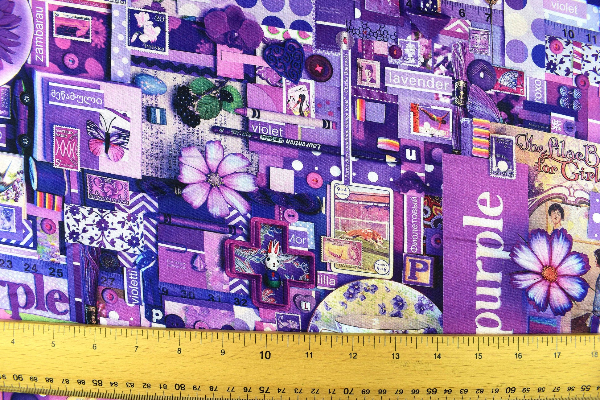 Purple color collage quilting fabric, purple scrap book fabric, violet fabric, cotton fabric Price by the Half Metre The Quilt Sanctuary