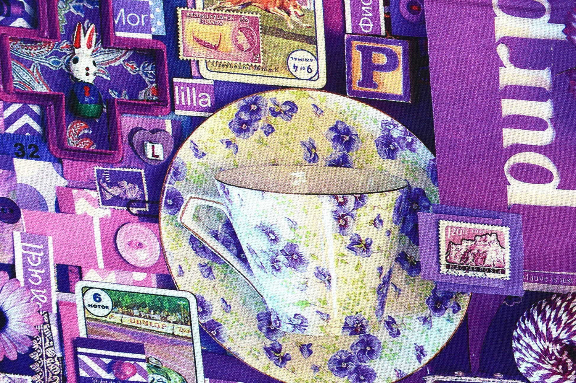 Purple color collage quilting fabric, purple scrap book fabric, violet fabric, cotton fabric Price by the Half Metre The Quilt Sanctuary