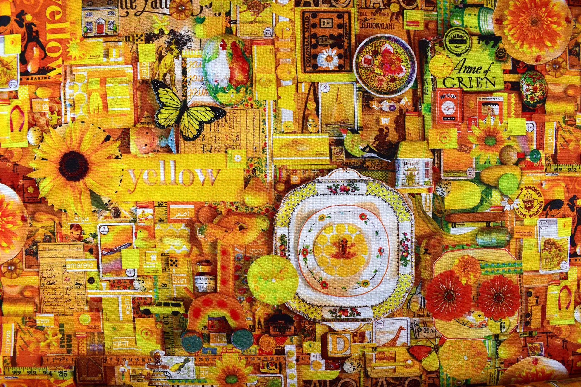 yellow color collage quilting fabric, yellow scrap book fabric, cotton fabric - Price by the Half Metre The Quilt Sanctuary