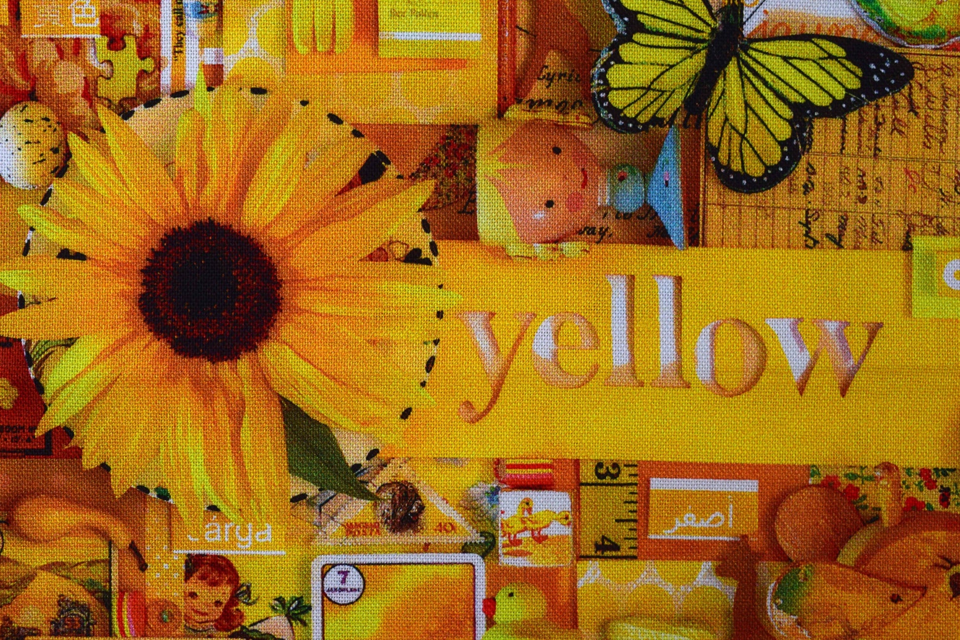 yellow color collage quilting fabric, yellow scrap book fabric, cotton fabric - Price by the Half Metre The Quilt Sanctuary