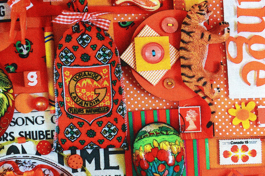 Orange color collage quilting fabric, Orange scrap book print, cotton fabric - Price by the Half Metre The Quilt Sanctuary