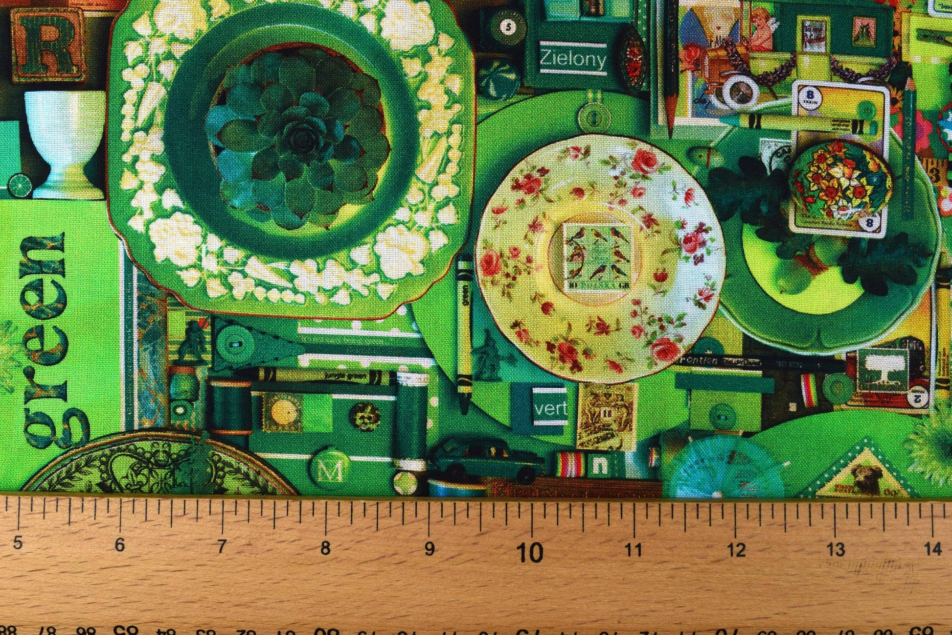 Green color collage quilting fabric, green scrap book print, cotton fabric - Price by the Half Metre The Quilt Sanctuary