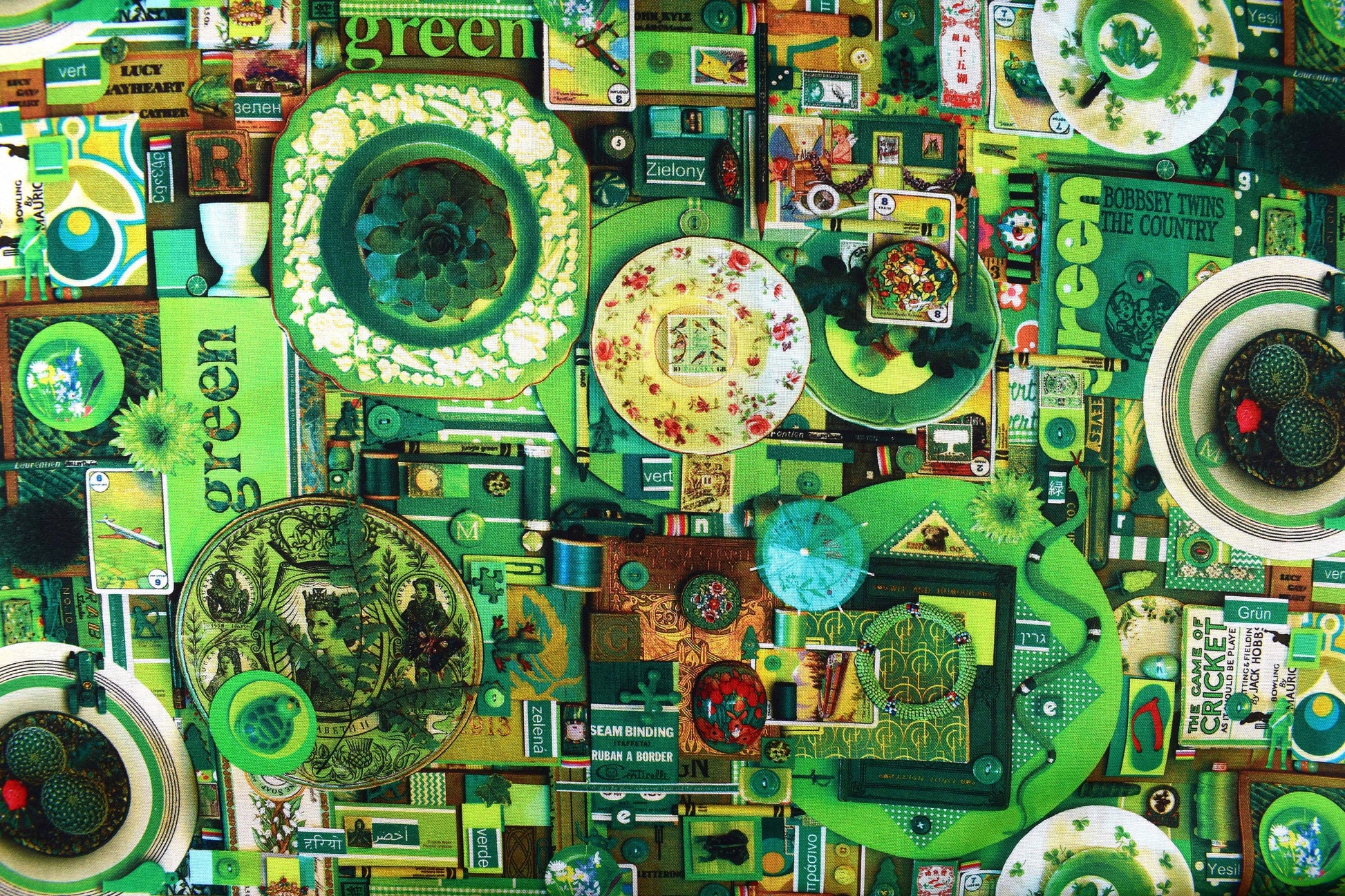 Green color collage quilting fabric, green scrap book print, cotton fabric - Price by the Half Metre The Quilt Sanctuary