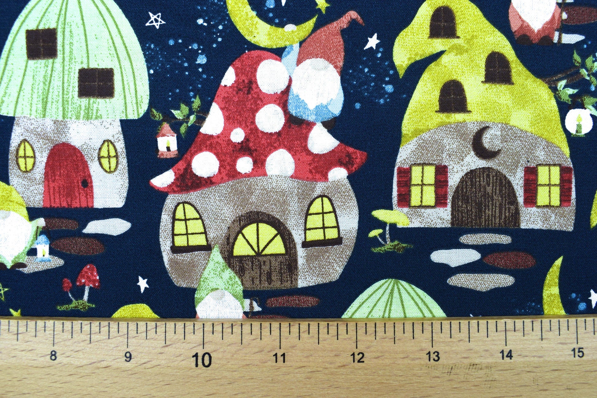 Gnome home fabric, Quilting fabric, cotton fabric, toadstools, you light my way Gnome - Price by the Half Metre The Quilt Sanctuary