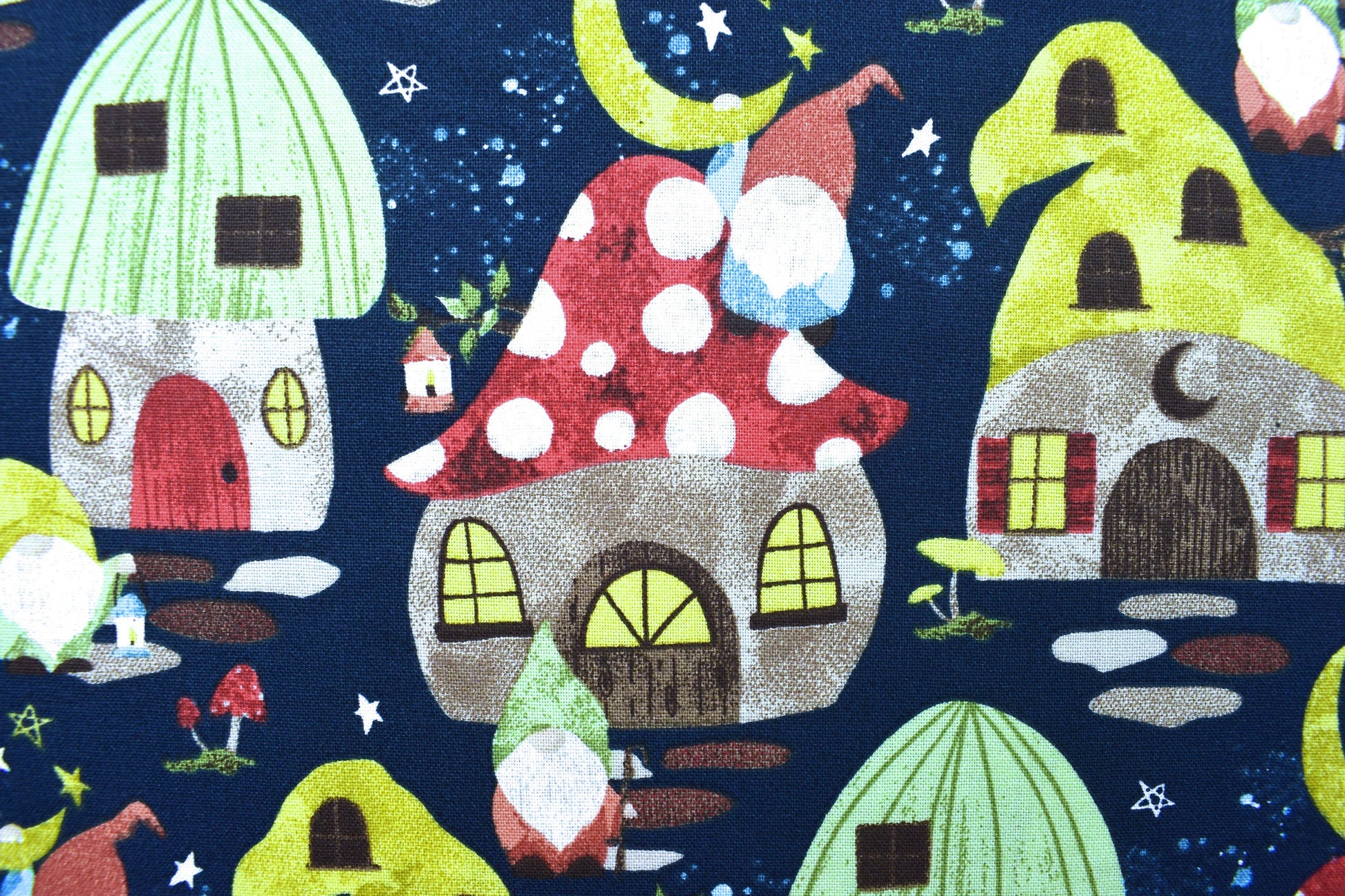 Gnome home fabric, Quilting fabric, cotton fabric, toadstools, you light my way Gnome - Price by the Half Metre The Quilt Sanctuary