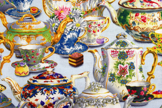 teapot quilting fabric, tea cup fabric, Cotton Fabric, fancy tea - Price by the Half Metre The Quilt Sanctuary