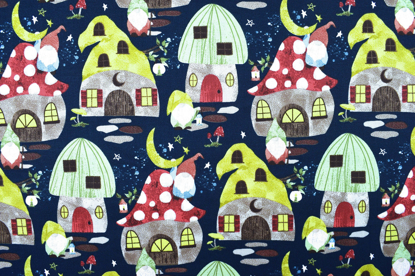 Gnome home fabric, Quilting fabric, cotton fabric, toadstools, you light my way Gnome - Price by the Half Metre The Quilt Sanctuary