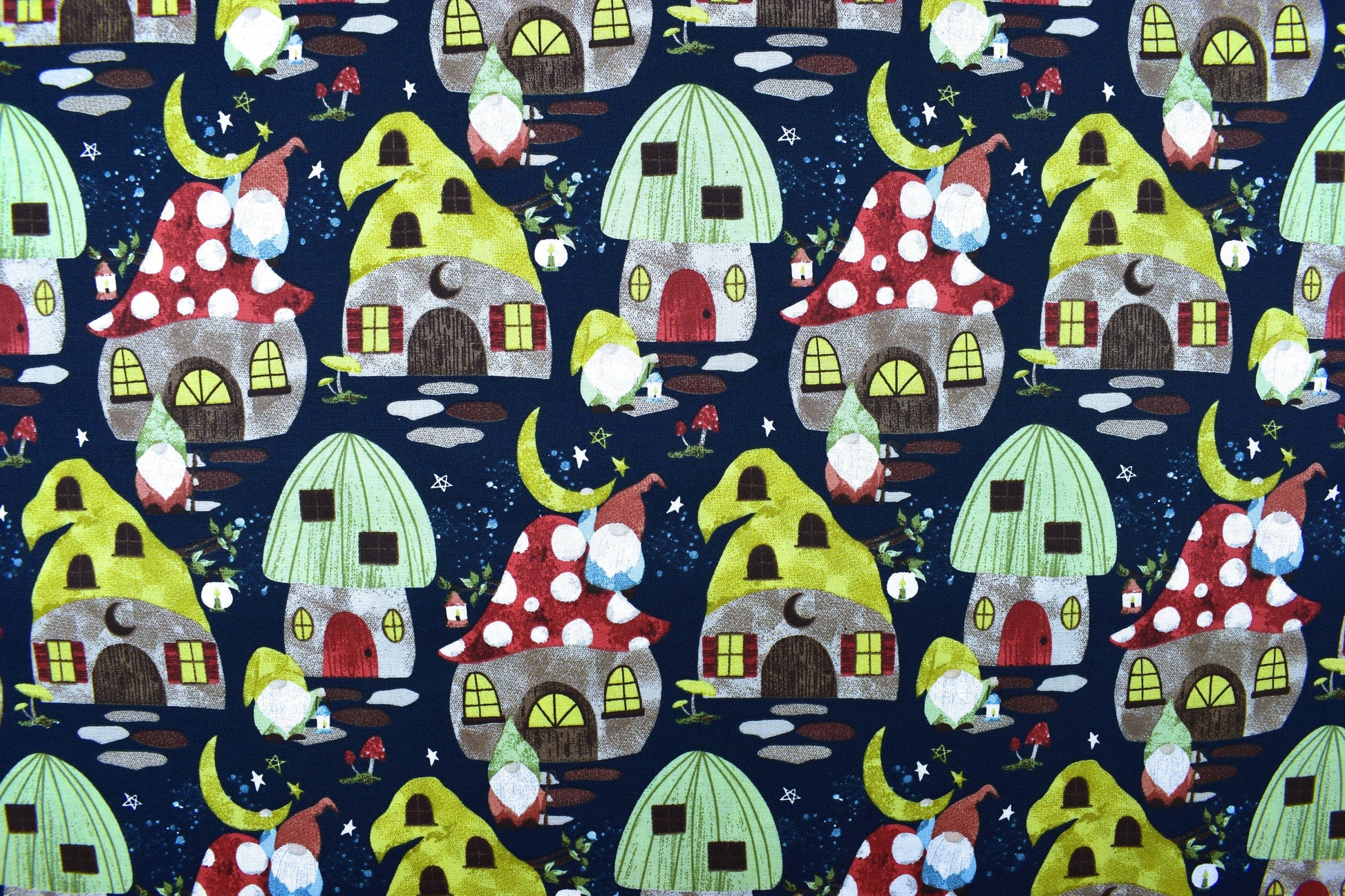 Gnome home fabric, Quilting fabric, cotton fabric, toadstools, you light my way Gnome - Price by the Half Metre The Quilt Sanctuary