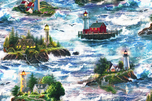 Lighthouse fabric, digitally printed Quilting fabric, Safe Harbour range, price by the half metre The Quilt Sanctuary