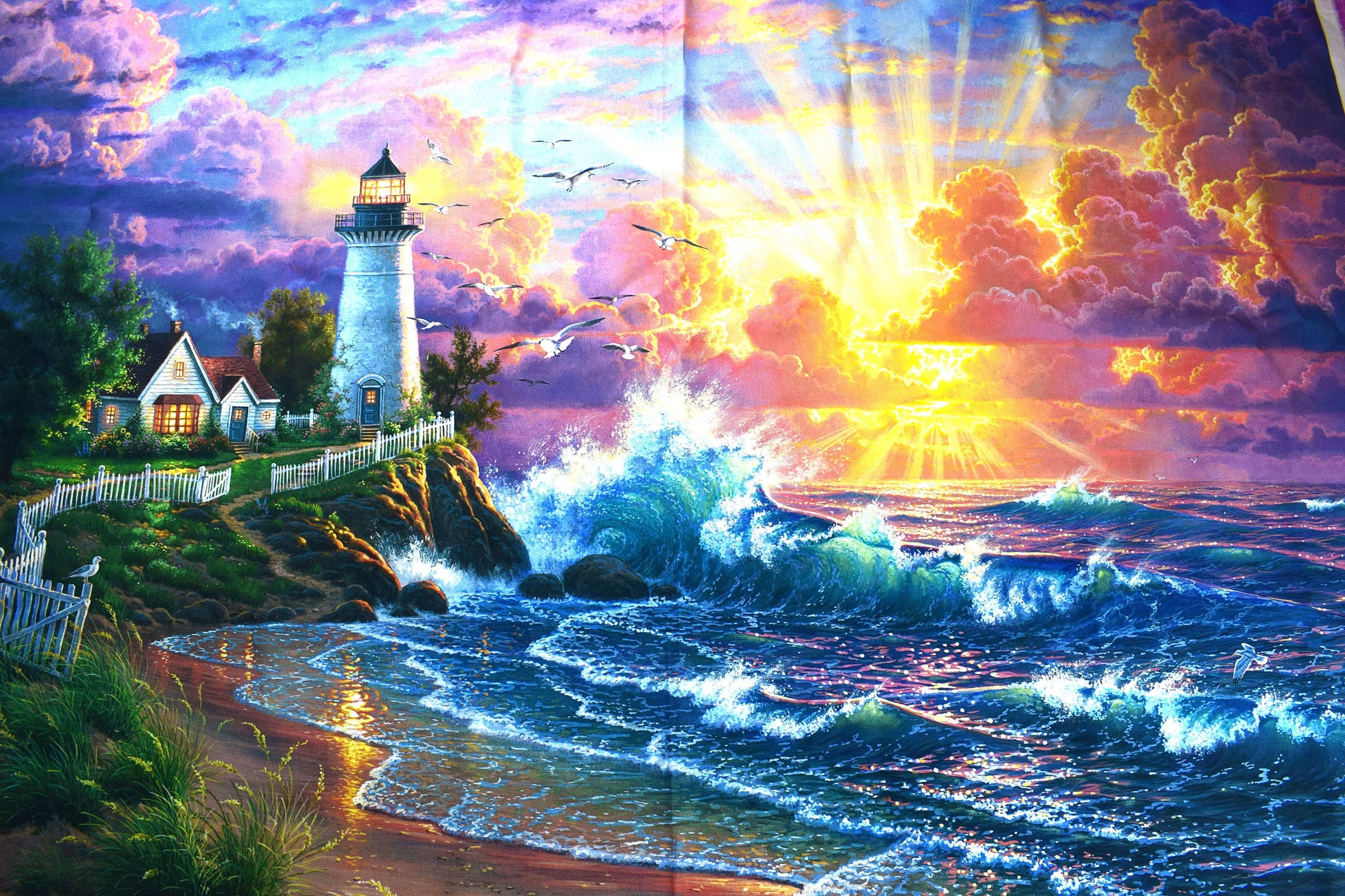 Lighthouse quilting panel. digitally printed safe harbour, cottage by the sea picture patch The Quilt Sanctuary