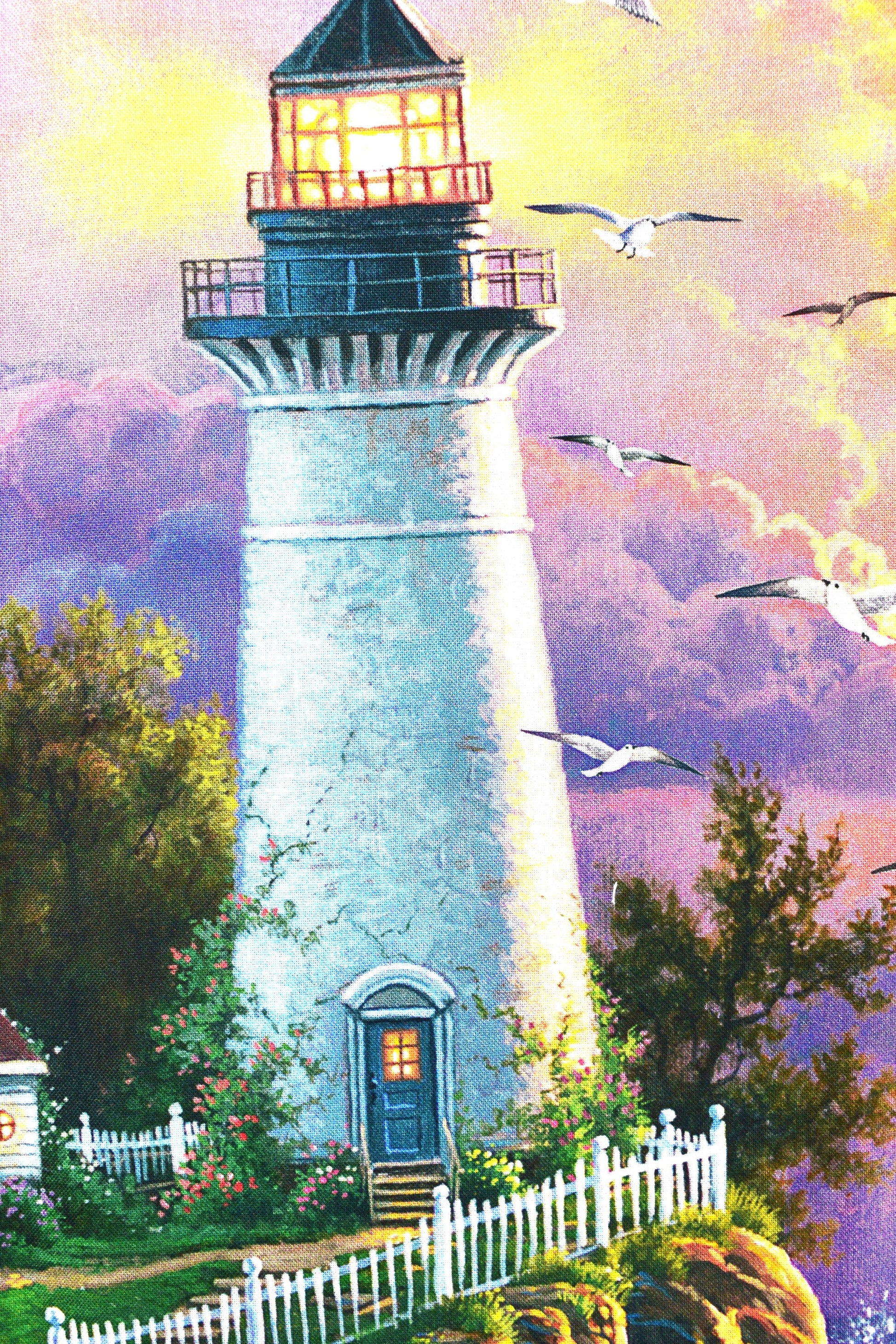 Lighthouse quilting panel. digitally printed safe harbour, cottage by the sea picture patch The Quilt Sanctuary