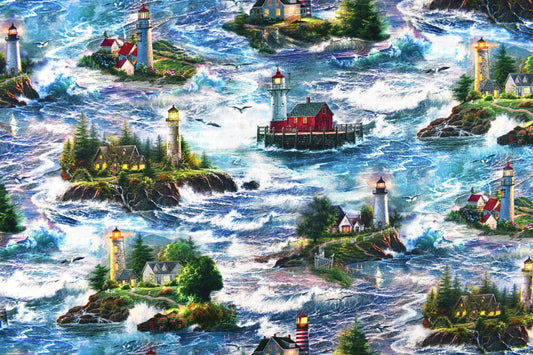 Lighthouse fabric, digitally printed Quilting fabric, Safe Harbour range, price by the half metre The Quilt Sanctuary