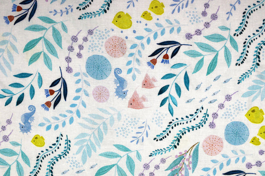 seaweed Fabric, Quilting fabric, Seahorse, corals, angel fish, under the sea by Dear Stella, price by the half metre The Quilt Sanctuary