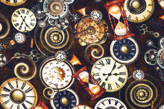 Clocks Quilting Fabric, Cotton Quilting Fabric, Steampunk Adventures, price by the half metre - Price by the Half Metre The Quilt Sanctuary