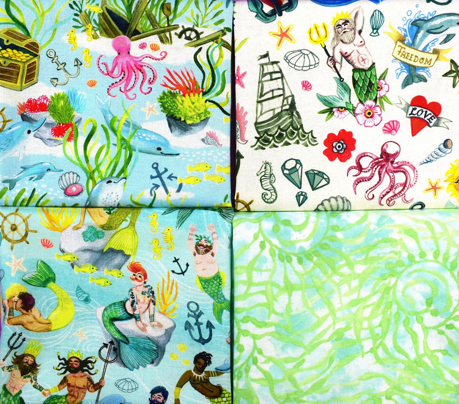 Merman Fat Quarter bundle, mermen quilting fabric, You're a catch, 100% cotton The Quilt Sanctuary