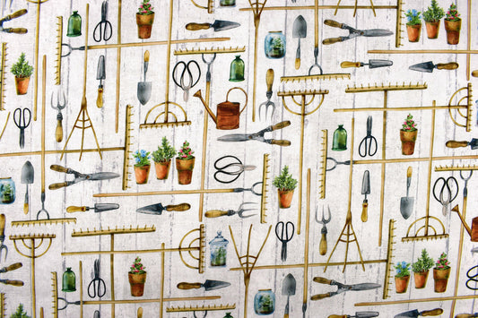 Gardening tools fabric, cottage Garden quilting fabric, rakes and tools, cotton fabric - Price by the Half Metre The Quilt Sanctuary