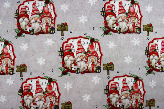 singing gnomes fabric, Driving Gnome for Christmas, Holiday Quilting fabric, price by the half metre The Quilt Sanctuary