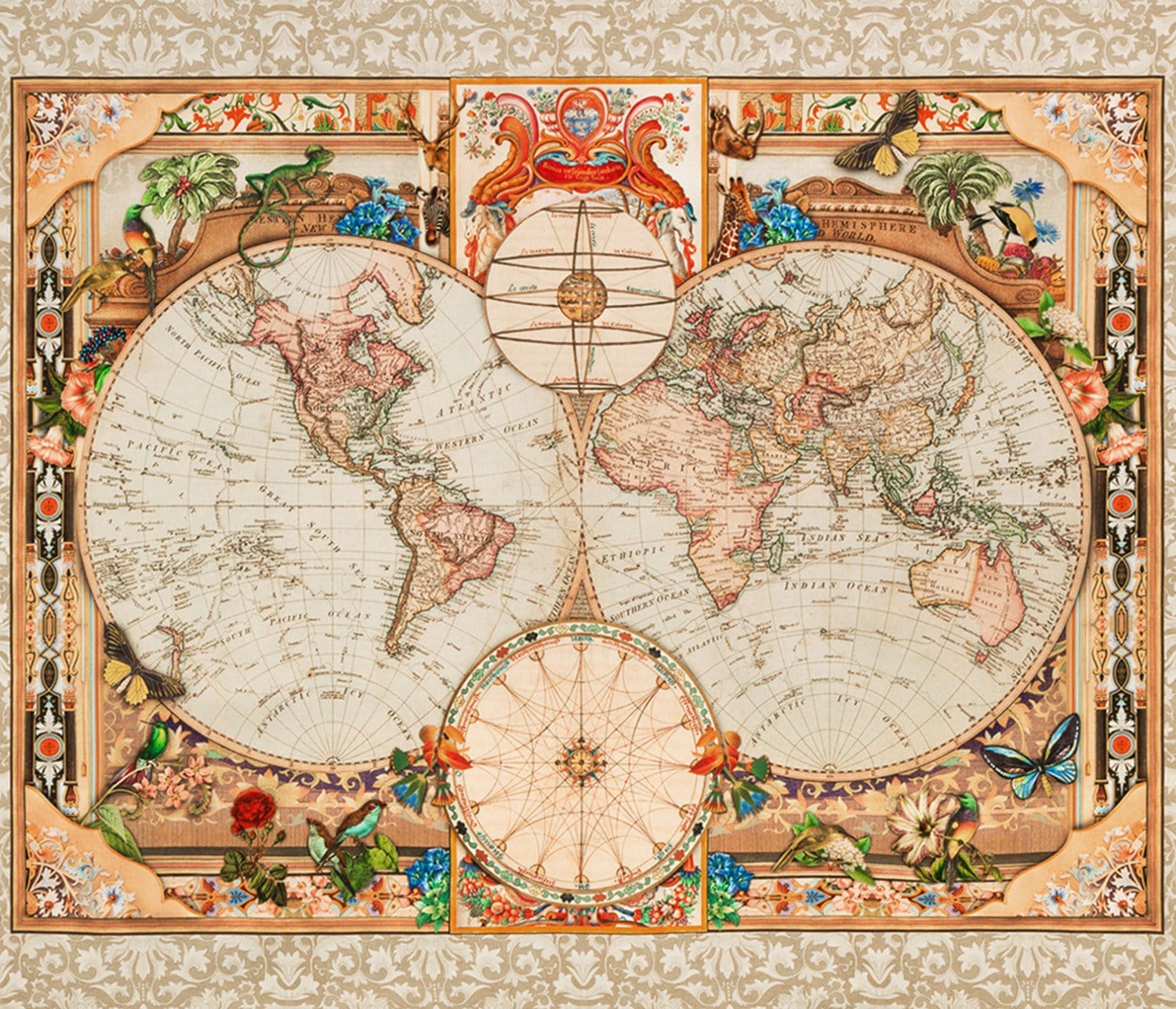 world map fabric, Quilting panel, cotton fabric, Robert Kaufman, Library of Rarities The Quilt Sanctuary