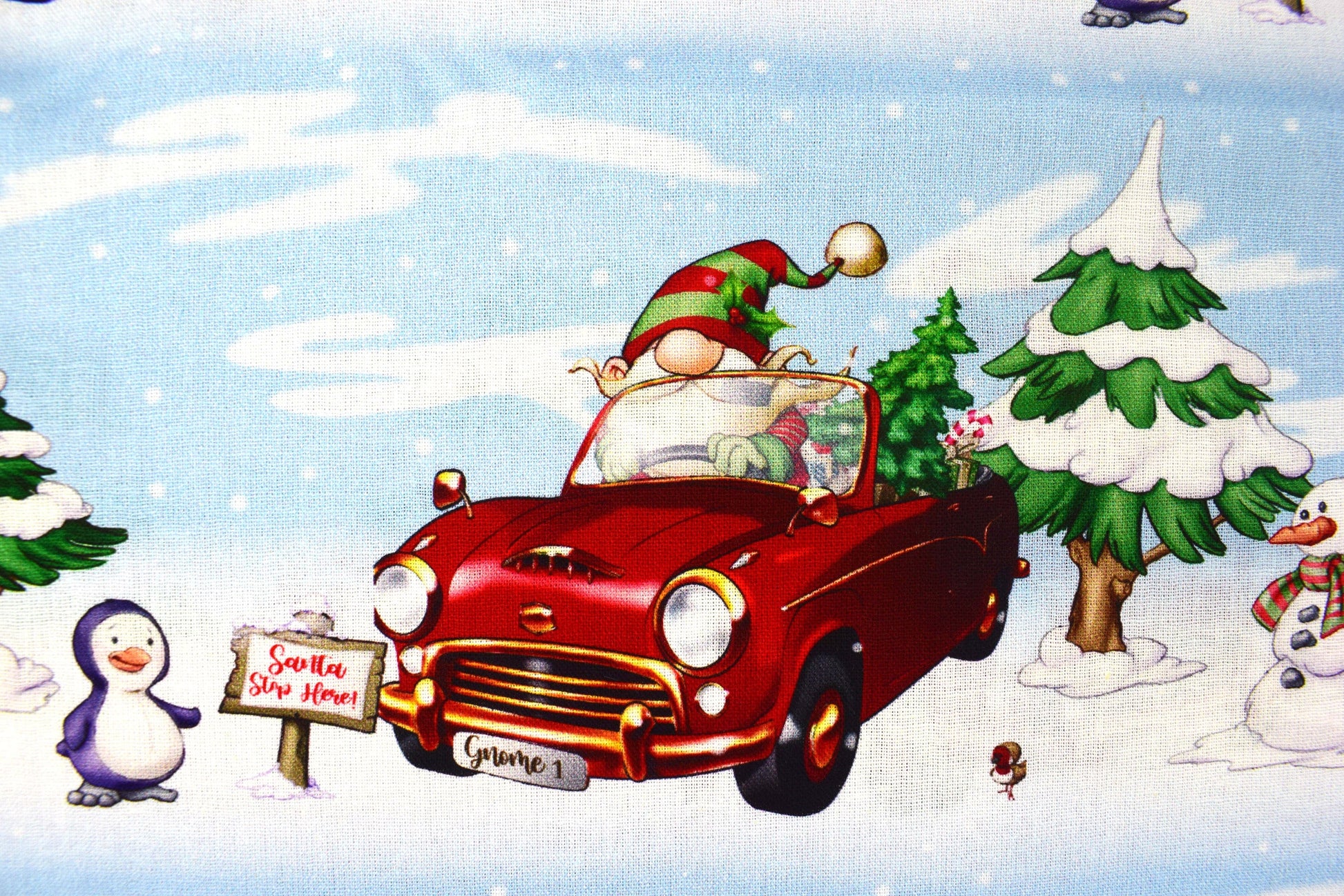 Christmas gnomes fabric, Driving Gnomes, Christmas Quilting fabric, price by the half metre The Quilt Sanctuary