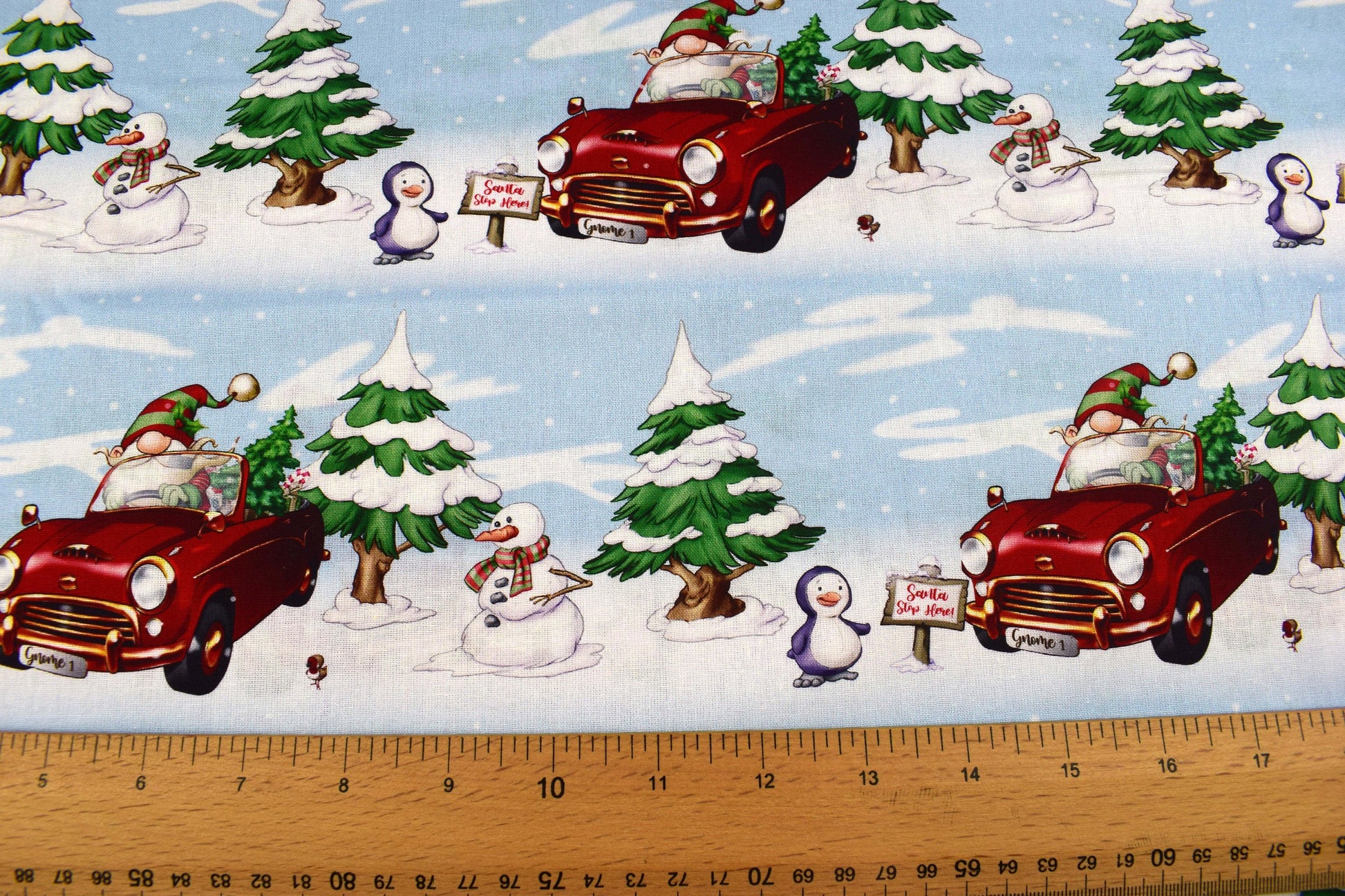 Christmas gnomes fabric, Driving Gnomes, Christmas Quilting fabric, price by the half metre The Quilt Sanctuary